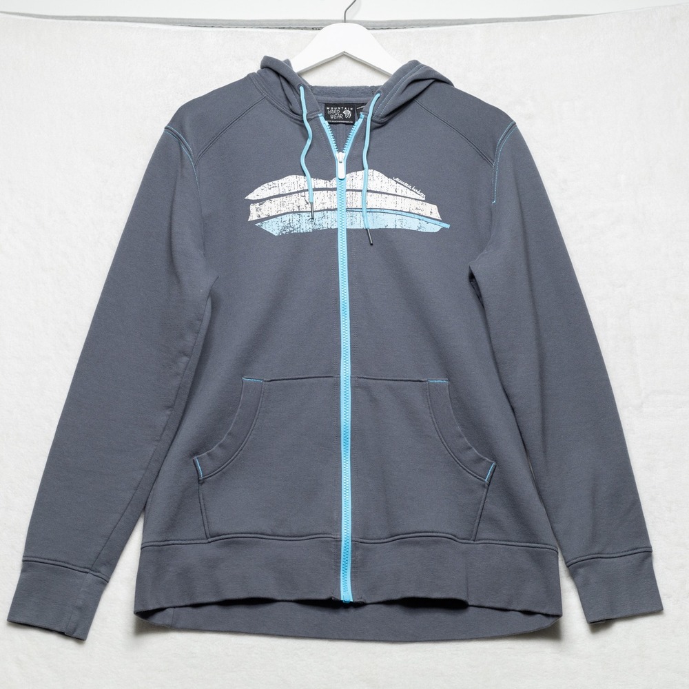 MOUNTAIN HARDWEAR Graphic Full Zip Fleece Hoodie Outdoor Gray Blue Sz L